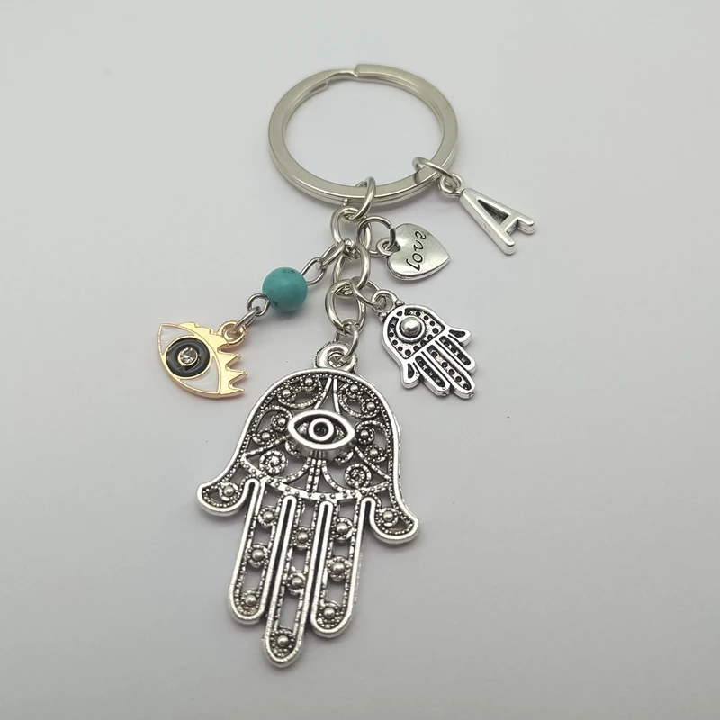 New A-Z Letter Evil Eye Wall Hanging Amulet Keychain Enamel Evil Eye Keychain Fatima Charm Key Ring Car Bag Couple KeyChain Gift