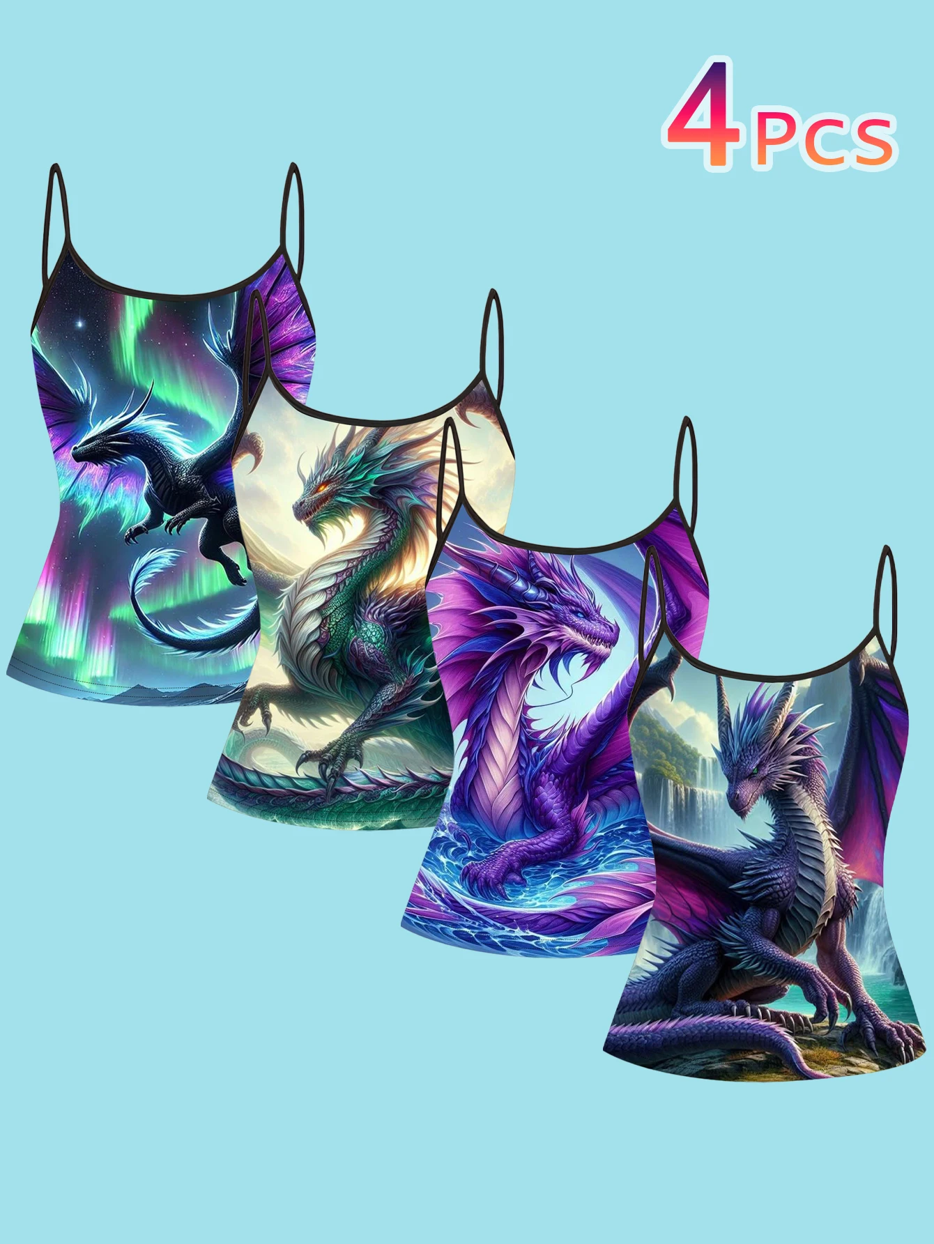 4-Piece Fantasy Oriental Dragon-Themed Suspender Set with Aurora Landscape Dragon Pattern, Slim-Fit Women's Inner Tank Top