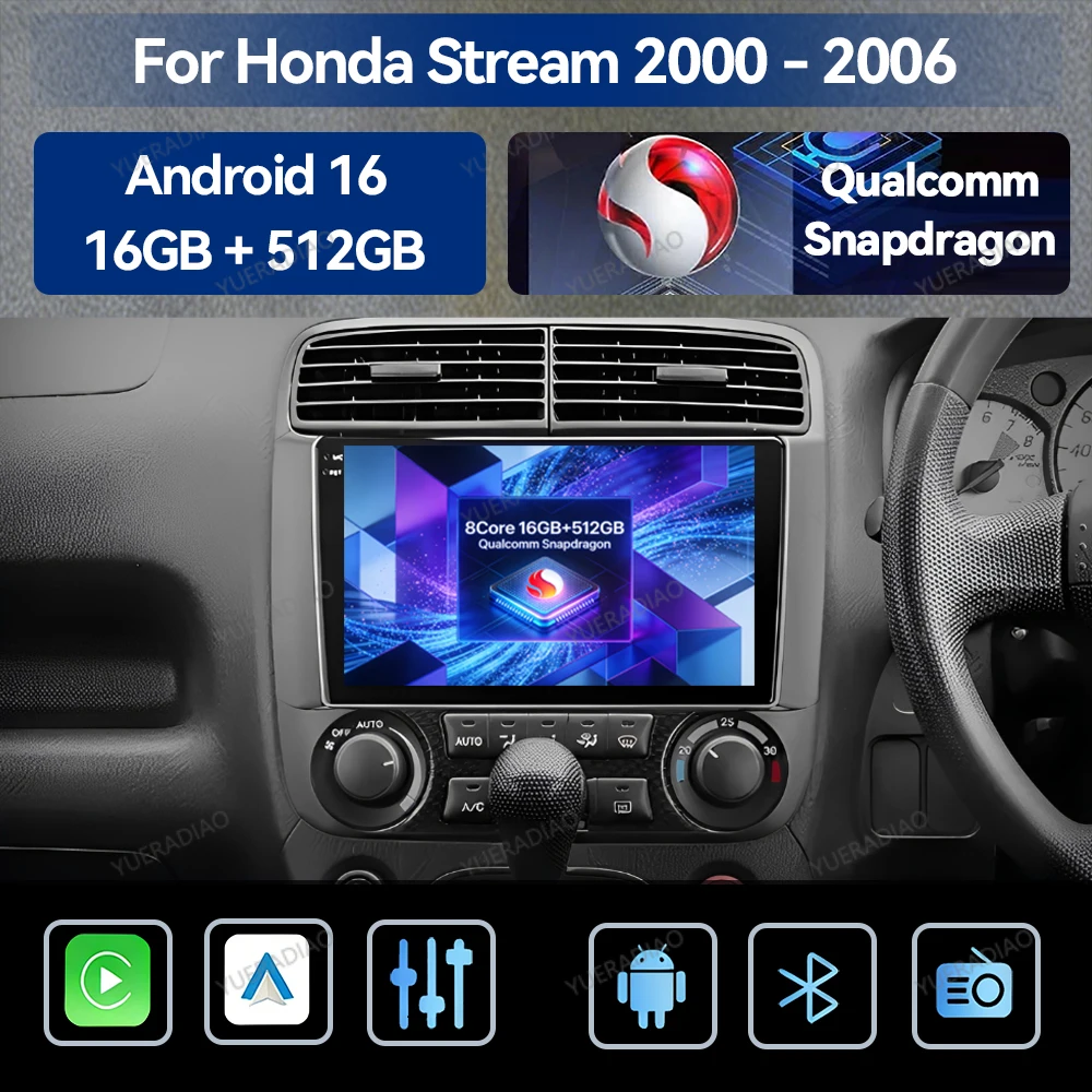 Android 16 Car Radio For Honda Stream 1 2000 - 2006 Multimedia Stereo Video Player 4G WIFI QLED BT Head Unit 2DIN Qualcomm NAVI