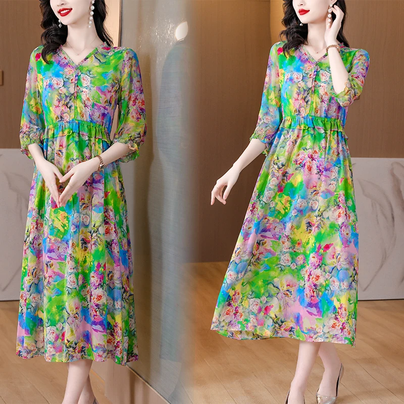 Summer Floral Natural Silk Butterfly Sleeve Midi Dress Women Fashion Light Ruffled V-Neck Beach Dress 2024 Korean Elegant Prom