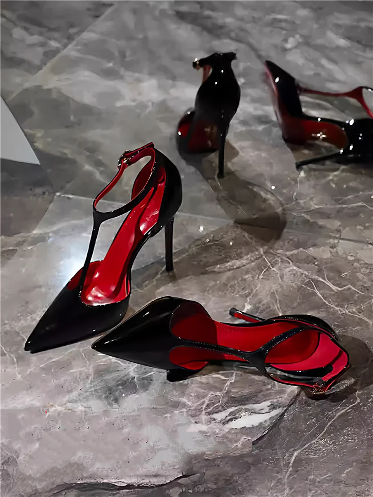 

Весенне-летние новые женские туфли на высоком каблуке из лакированной кожи с вырезами, Т-образные, сексуальные, для банкетов, больших размеров.