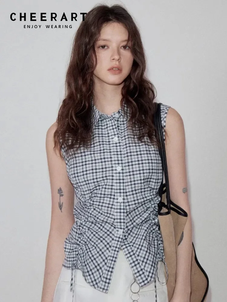 

CHEERART Drawstring Plaid Button Up Shirt Female Summer Sleeveless Tops For Woman Cotton Collared Shirt Designer Clothing