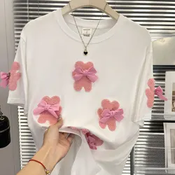 Little Bear Embroidery Y2k 3D Bow Women's Plus Size T-shirt Korean Sweet Kawaii Cute Tee 2024 New Summer Fashion Harajuku Top