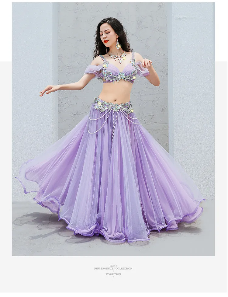 Belly Dance Performance Costume Senior Bra Top+yarn Long Skirt 2pcs Customsized for Women Belly Dancing Popsong Suit