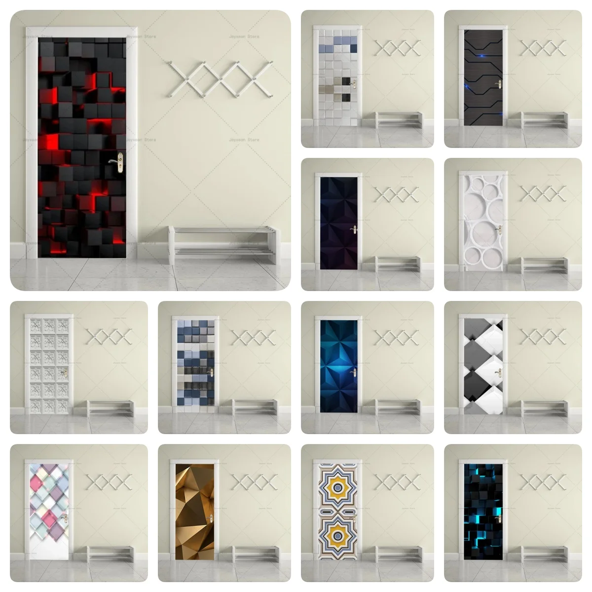 Modern Abstract Door Stickers Waterproof Self-Adhesive Geometric Pattern Square Triangle Hexagon Texture Wrap Home Office Decor