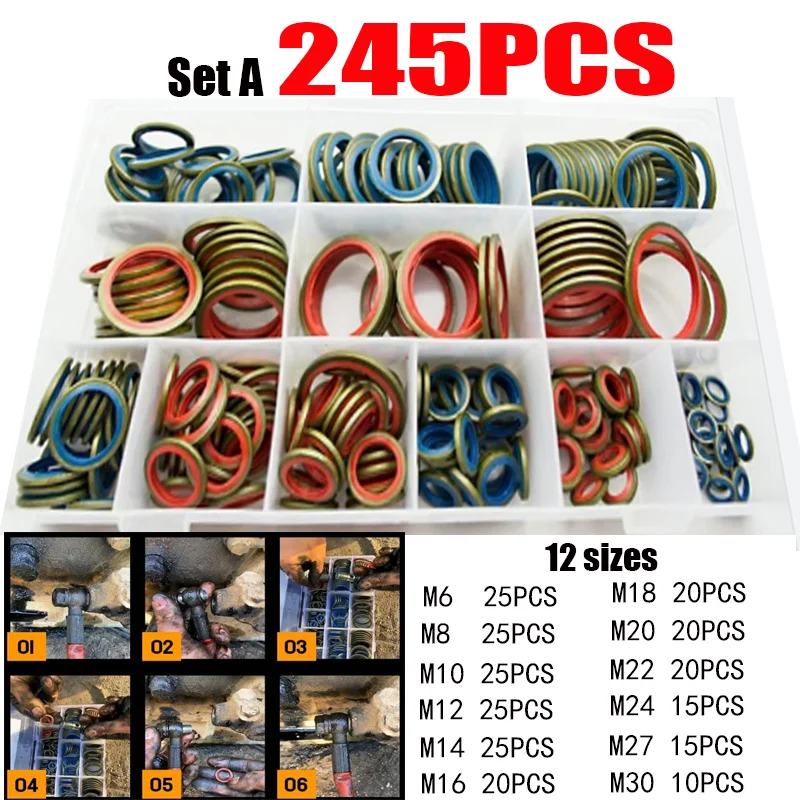 

100/245pcs Gasket Sealing Gasket Set Oil Drain Combined Washer Seal Set M6 M8 M10 M12 M14 M16 M18 M20 M22 M24 M27 M30