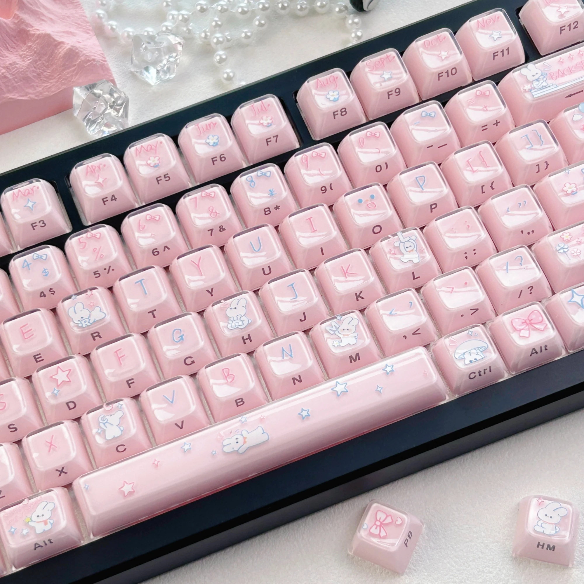 MAIMOOO Pink Crystal Jelly Keycaps MDA Profile 113Keys Cartoon Cute Rabbit PC Personalized Keycaps for Mechanical Keyboard