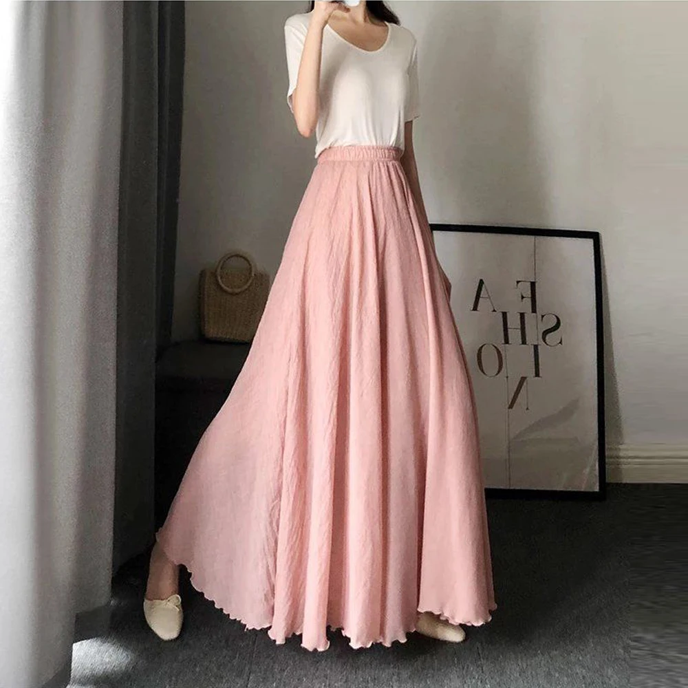 Black White 8 Colors Elegant Midi Skirt Women Loose A-line Cotton Linen Pleated Long Skirts Girl Wave Sun Skirt Dance Skirts