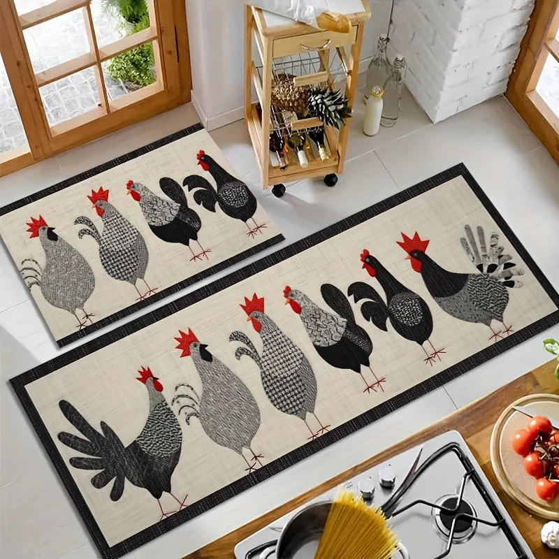 Vintage Rooster Print Kitchen Rug Set Farmhouse Chicken NonSlip Waterproof Floor Mat for Kitchen Home Decor Easy Clean Rugs