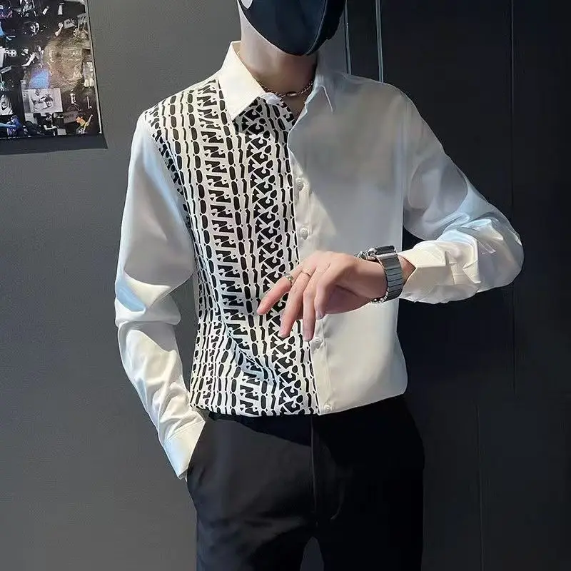 

Autumn Man Vintage Printed Social Black Shirts Luxury Men's White Slim Fit Long Sleeve Dress Shirt Fashion Casual Chemise Homme