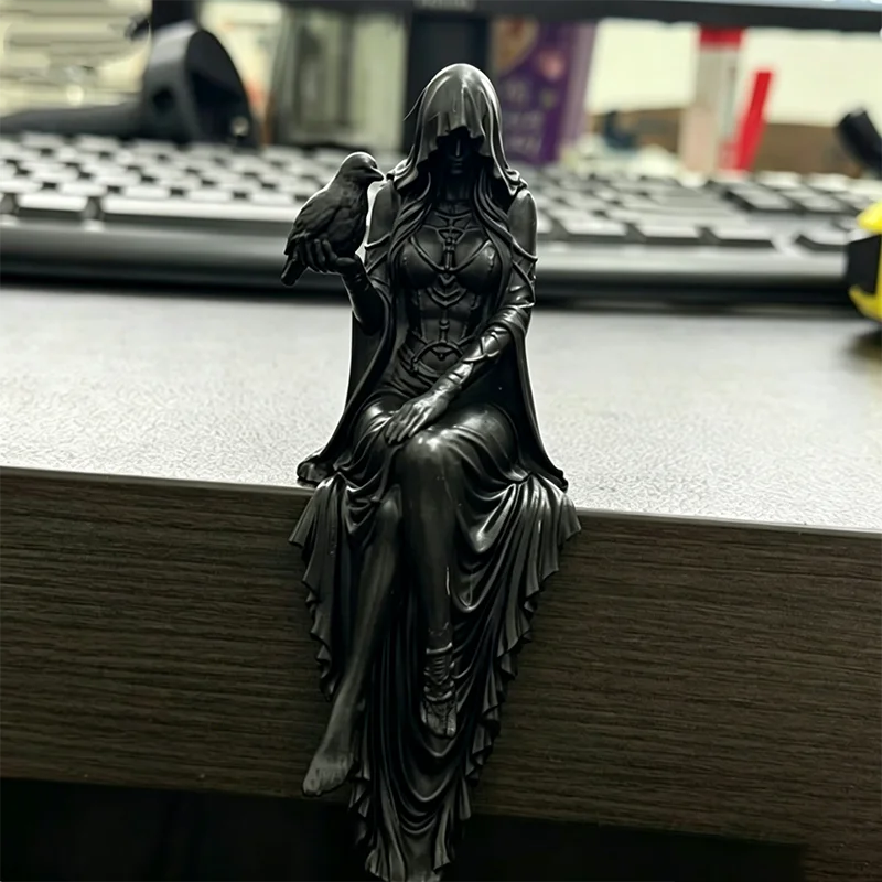 Dark Veiled Lady Raven Resin Figurine Gothic Witch Sitting On Shelf Edge Statue Mysterious Crow Sculpture Desktop Ornament