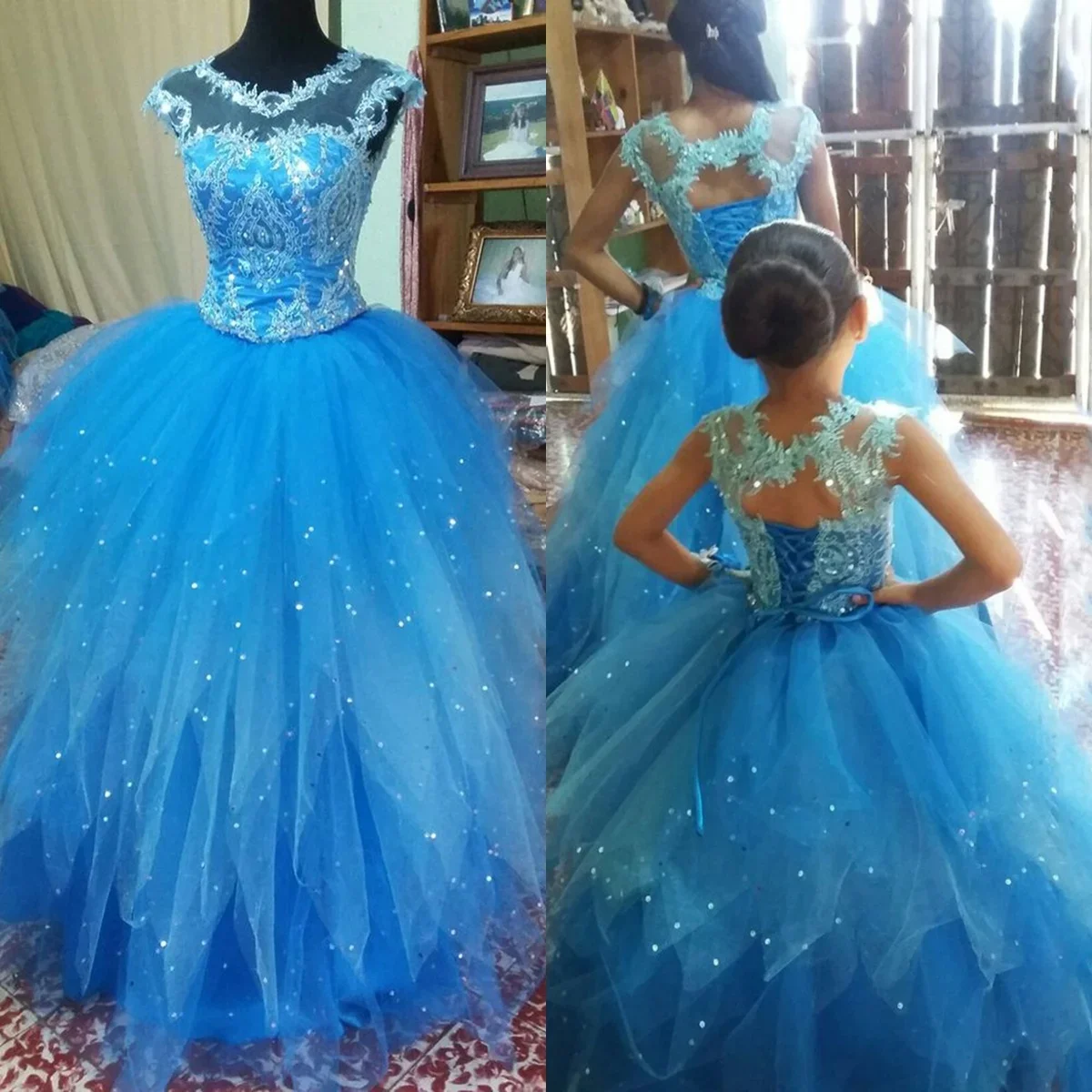 

Lace Appliques Flower Girl Dresses for Wedding Sequins Pleated Floor Length Kids Birthday Party First Holy Communion Gown