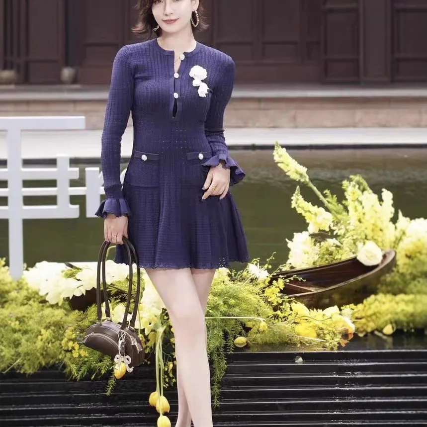 Dark Blue Hollow Ruffle Dress Long Sleeve Office Ladies Elegant Mini Dress