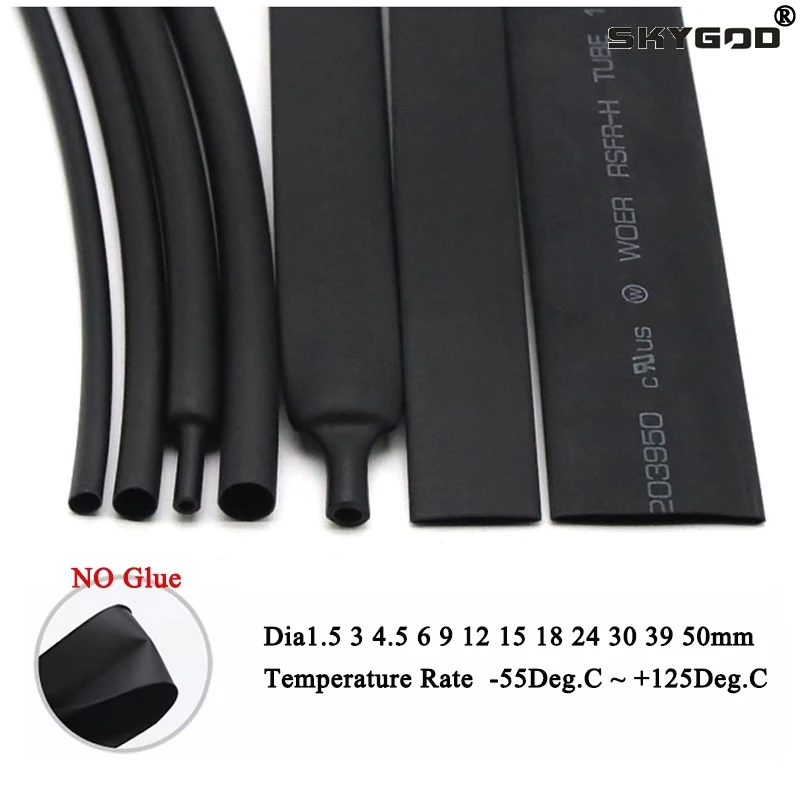 1~50m Heat Shrink Tube No Glue 3:1 Ratio Black Diameter 1.5 ~ 50mm Waterproof Polyolefin Wire Wrap Insulated Lined Cable Sleeve