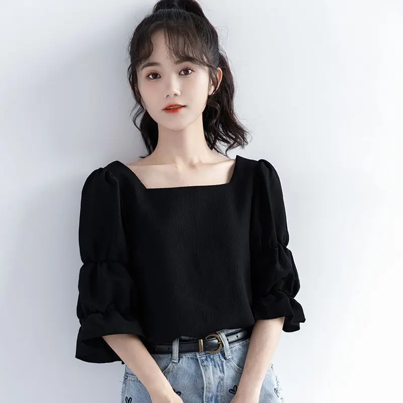 

Pleated Short Sleeve Solid Korean Shirt Tops New Summer Youth Loose Simplicity Street Casual Blouse Fashion Sweet Women Clothing