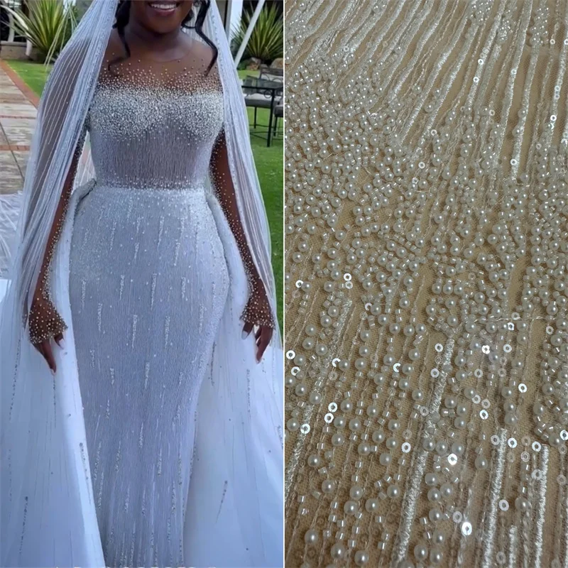 

Hot Style Off White Pearl Embroidery Fashion Unique Wedding Gown Party Evening Dress Lace Fabric French Chantilly Lace Fabric