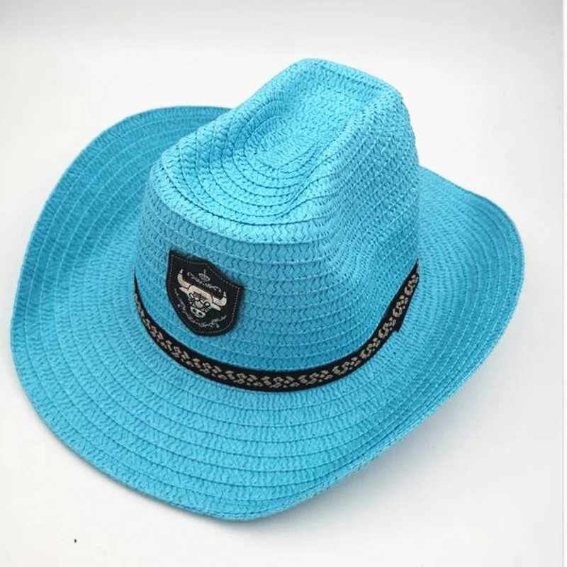 Summer Men Bull Badge Cowboy Straw Sunhat With Rope Jazz Hats Western With Wide Brim Caps Sun Protection Fedora Cap For Man