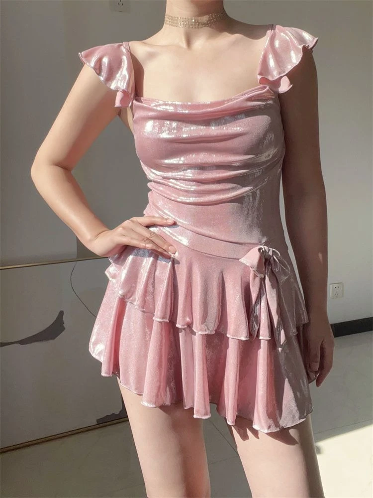 Flattering Shiny Pink Swimwear Women Ruched Tankini Top with Skirt Bottom Tummy Control Bathing Suit Summer Beach Outfits view 2