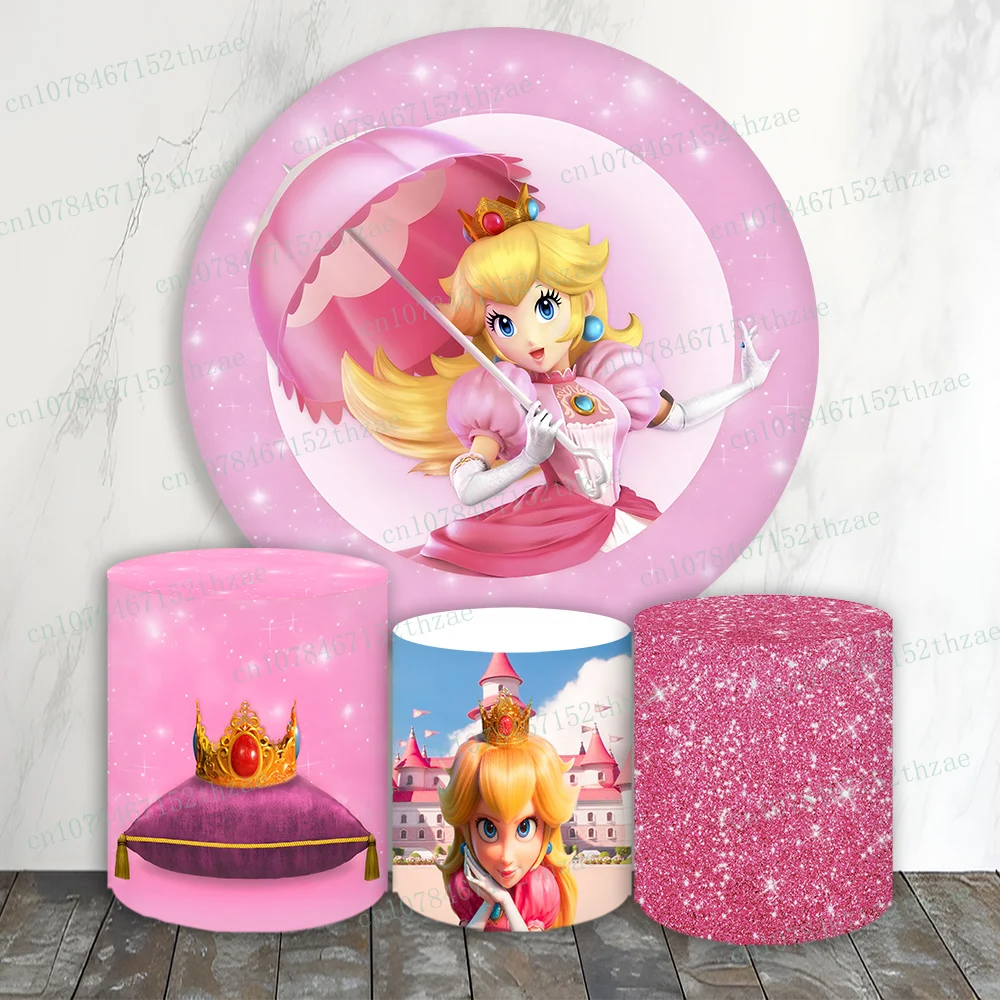 

Super Mario Peach Princess Birthday Party Photo Backdrop Baby Shower Photo Background Round&Cylinders Plinth Covers Decoration