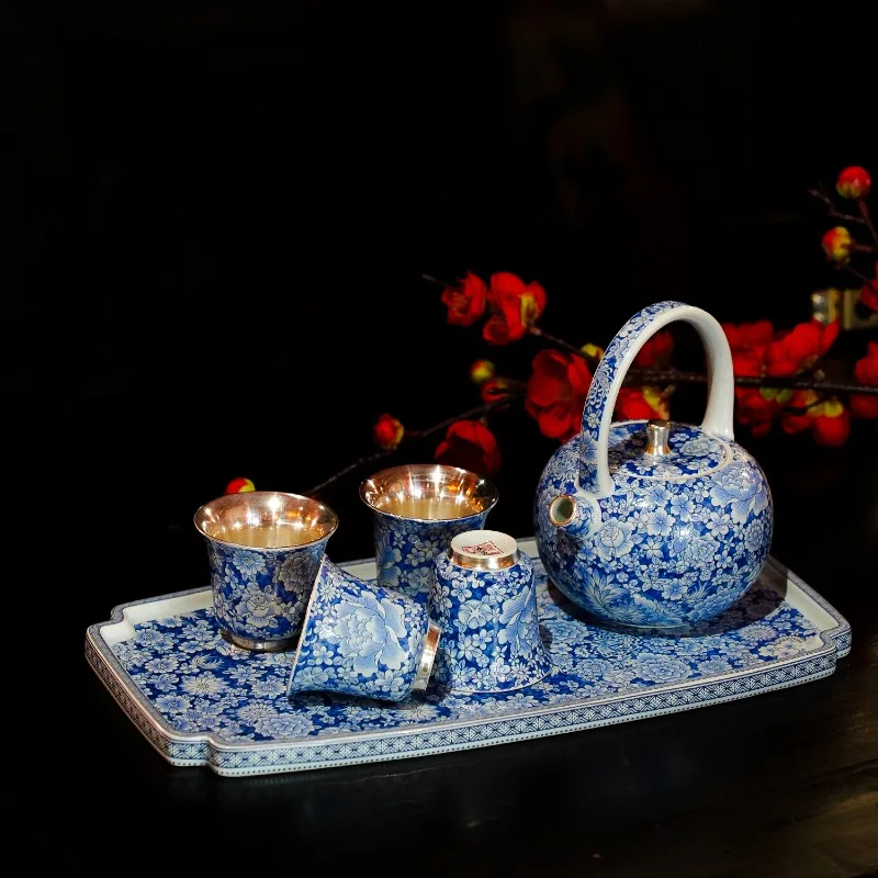Light luxury silver, blue and white porcelain tea set, teapot teacup, Gongfu tea table, tabletop ornament