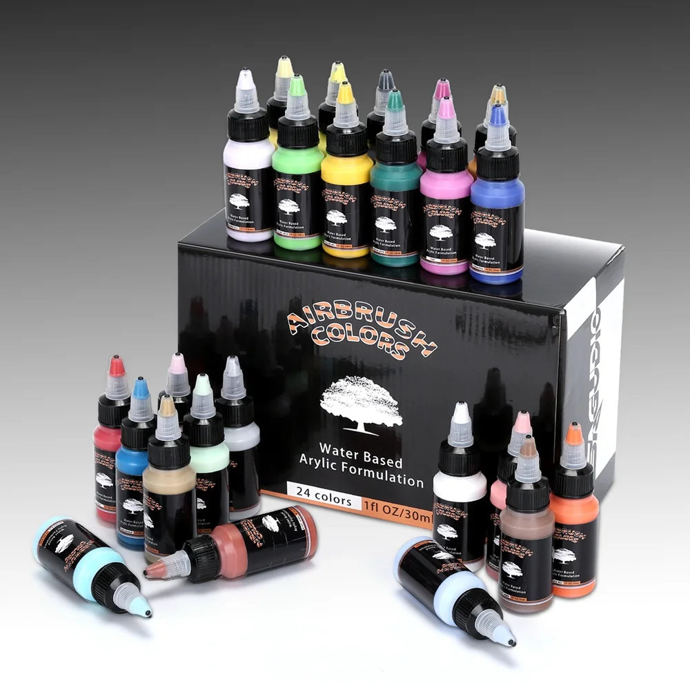 SAGUD Airbrush Acrylic Paint Sets with Color Wheel 24*30ml Water Based Ready to Airbrush Paints for Clothes Shoes Model Leather