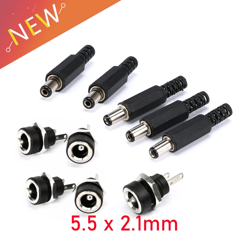 10Pcs 12V 3A DC Power Connector Panel Mount Female Jack Socket with Plastic Male Plugs, Screw Nut 5.5 x 2.1mm