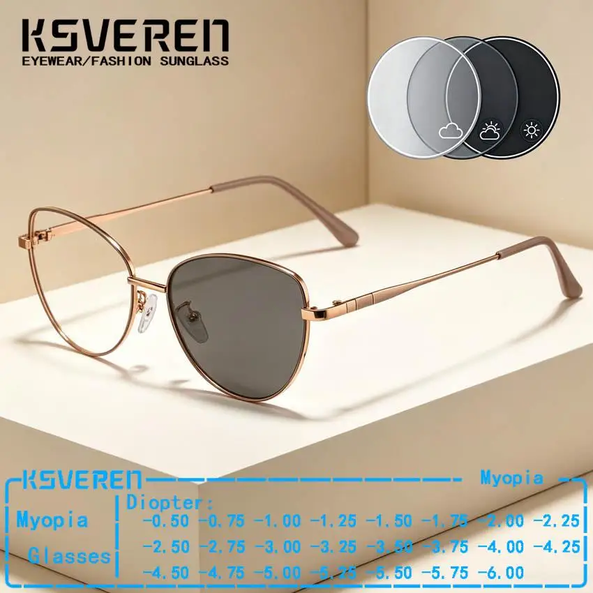 

KSVEREN Cat Eye Photochromic Myopia Glasses Women Alloy Frame Prescription Nearsighted Eyelasses 0 -0.5 -0.75 -3.75 -4.50 -6.00