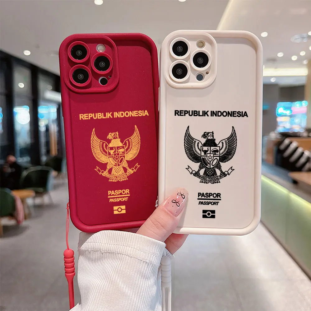 Custodia per telefono passaporto Indonesia per IPhone 16 15 14 13 12 11 Pro Max Mini XR XS X 7 8 Plus Cover posteriore morbida in TPU con cinturino a mano