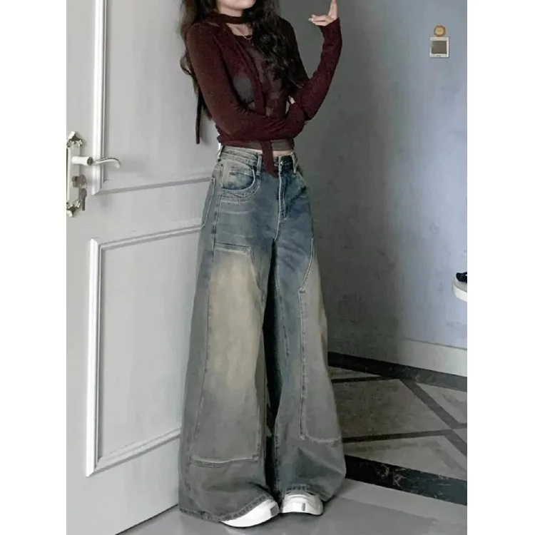 

Широкие джинсовые джинсы в американском стиле ретро, женские свободные брюки, прямые длинные брюки для похудения, осенние новые брюки с высокой талией
