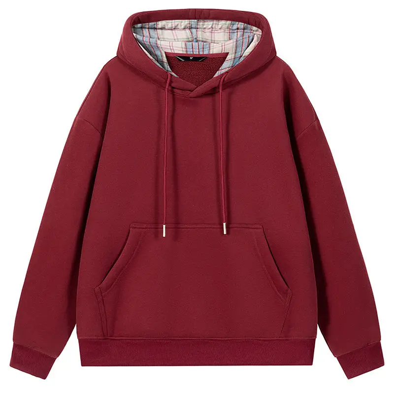 Spring Autumn Women's Drawstring Hoodies Color Matching Lattice with Pocket Comfortable Sweatshirts Loose Sports Couple Hoodies