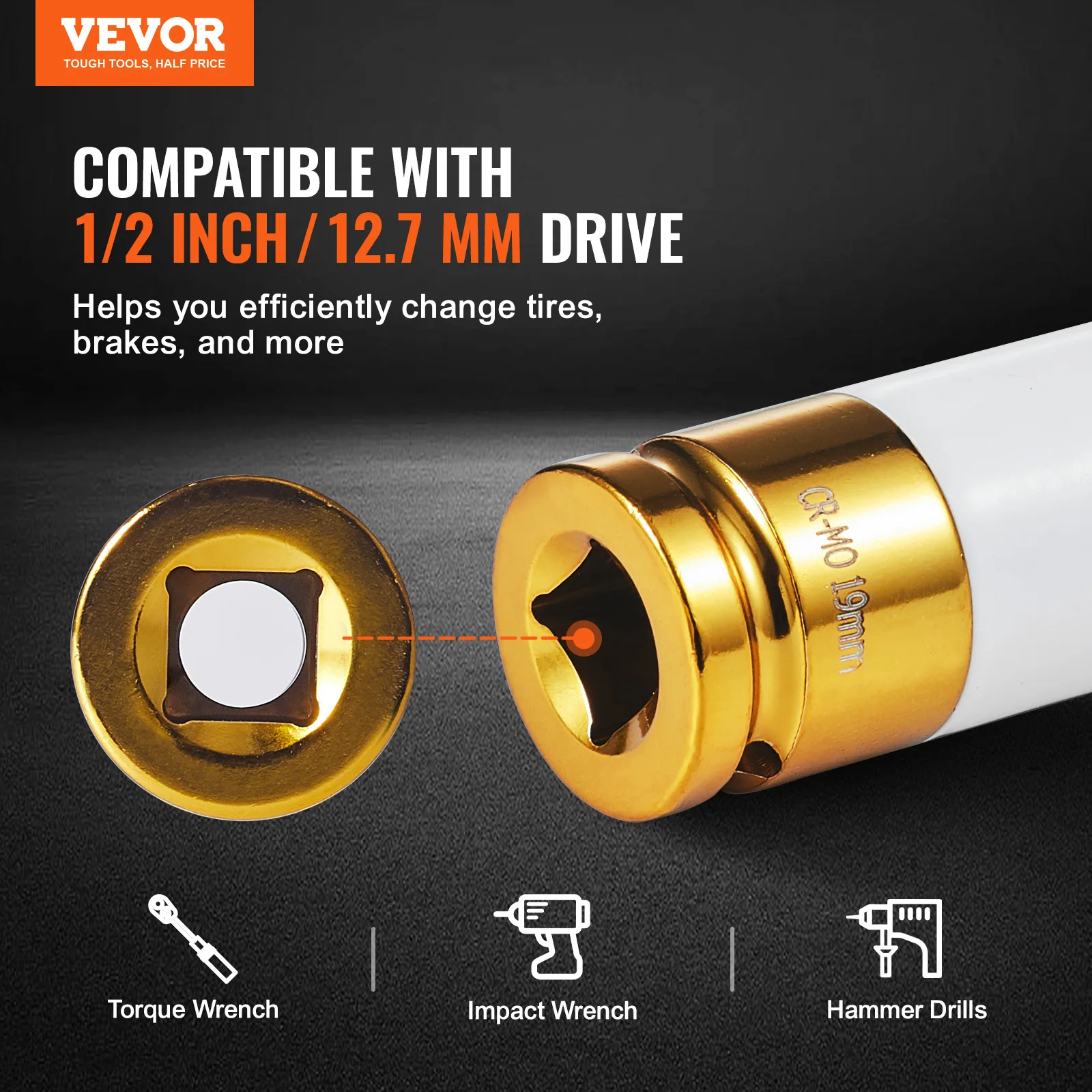 VEVOR Lug Nut Impact Socket Set 1/2 inch Drive Metric 6-Point Deep Socket Set 7 Total Lug Nut Sizes CR-MO Steel Wheel Socket Set