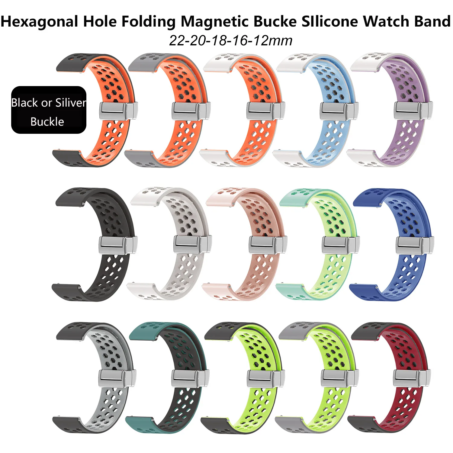 Cinturino per orologio sportivo in silicone da 12 mm 16 mm 18 mm 20 mm 22 mm per cinturino sportivo intelligente con fori d'aria esagonali traspiranti e fibbia magnetica