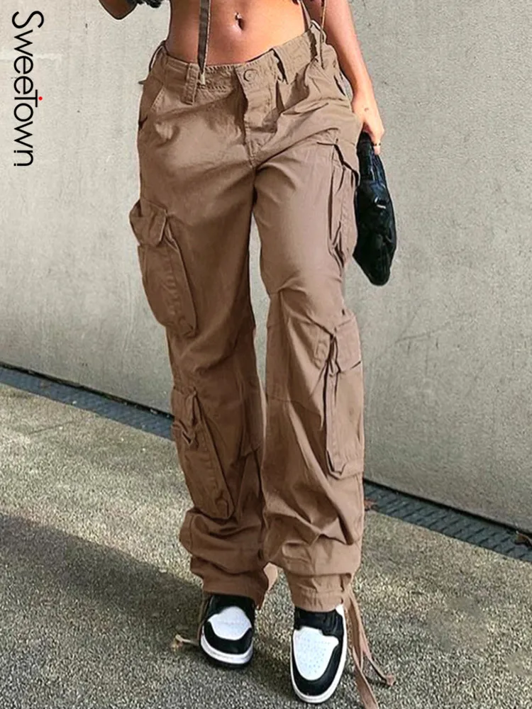 

Sweetown Khaki Solid Baggy Cargo Pants Women Low Waist Mom Jeans Vintage 90s Grunge Streetwear Casual Hippie Denim Trousers