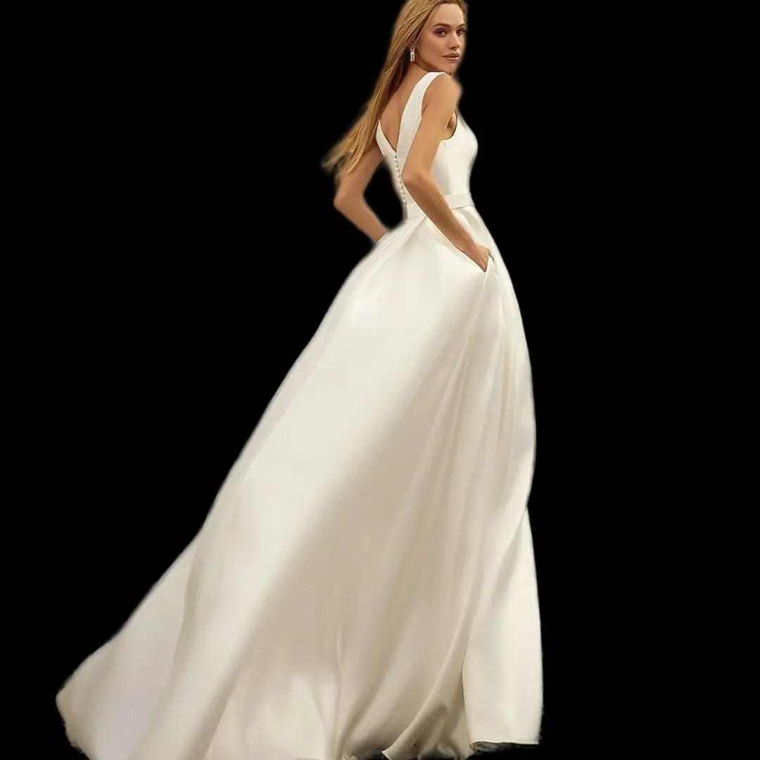 Vestido de novia elegante de satén con cuello en V, sin mangas, corte en A, largo hasta el suelo con bolsillo, vestidos de novia para mujer, bata personalizada a medidas