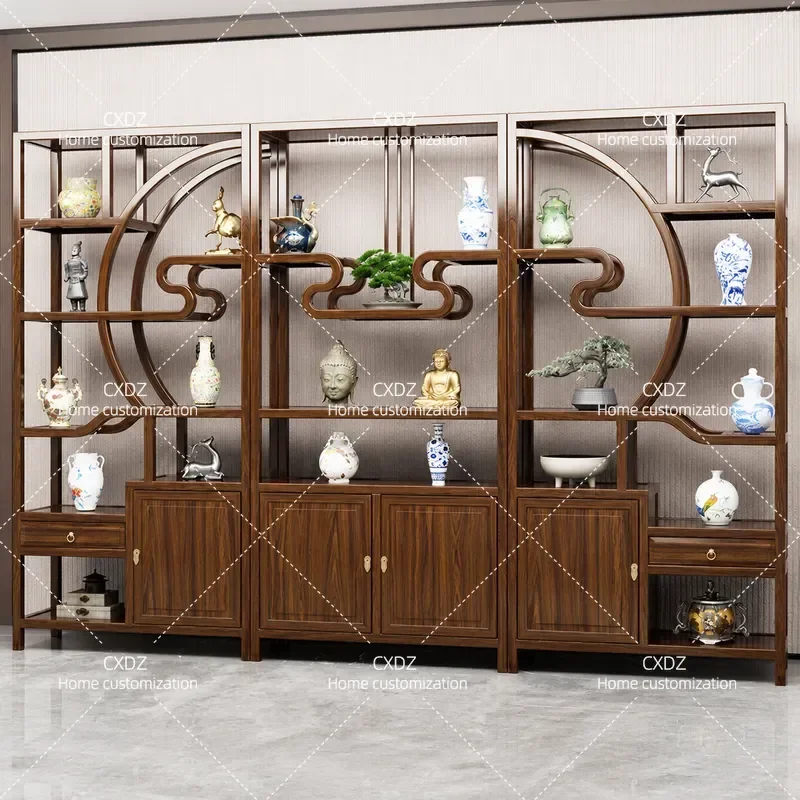Solid Wood Display Cabinet Living Room Partition Shelf Antique Style Tea Storage Rack Multi Layer Showcase for Home Decor