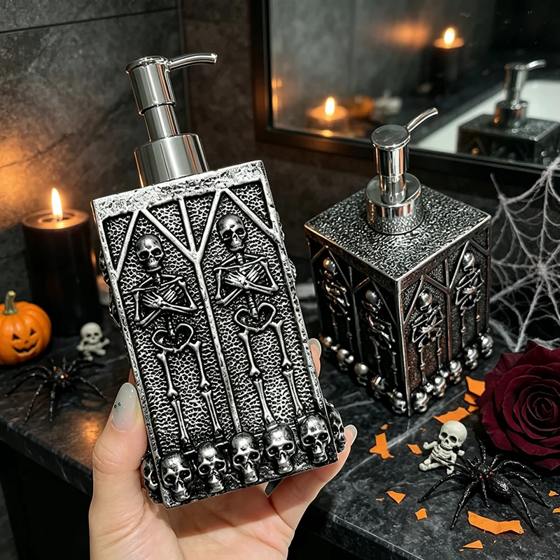 Halloween Gothic Skeleton Soap Dispenser Resin‑ABS Refillable Pump Bottle Bathroom Countertop Spooky Desktop Decor Ornament