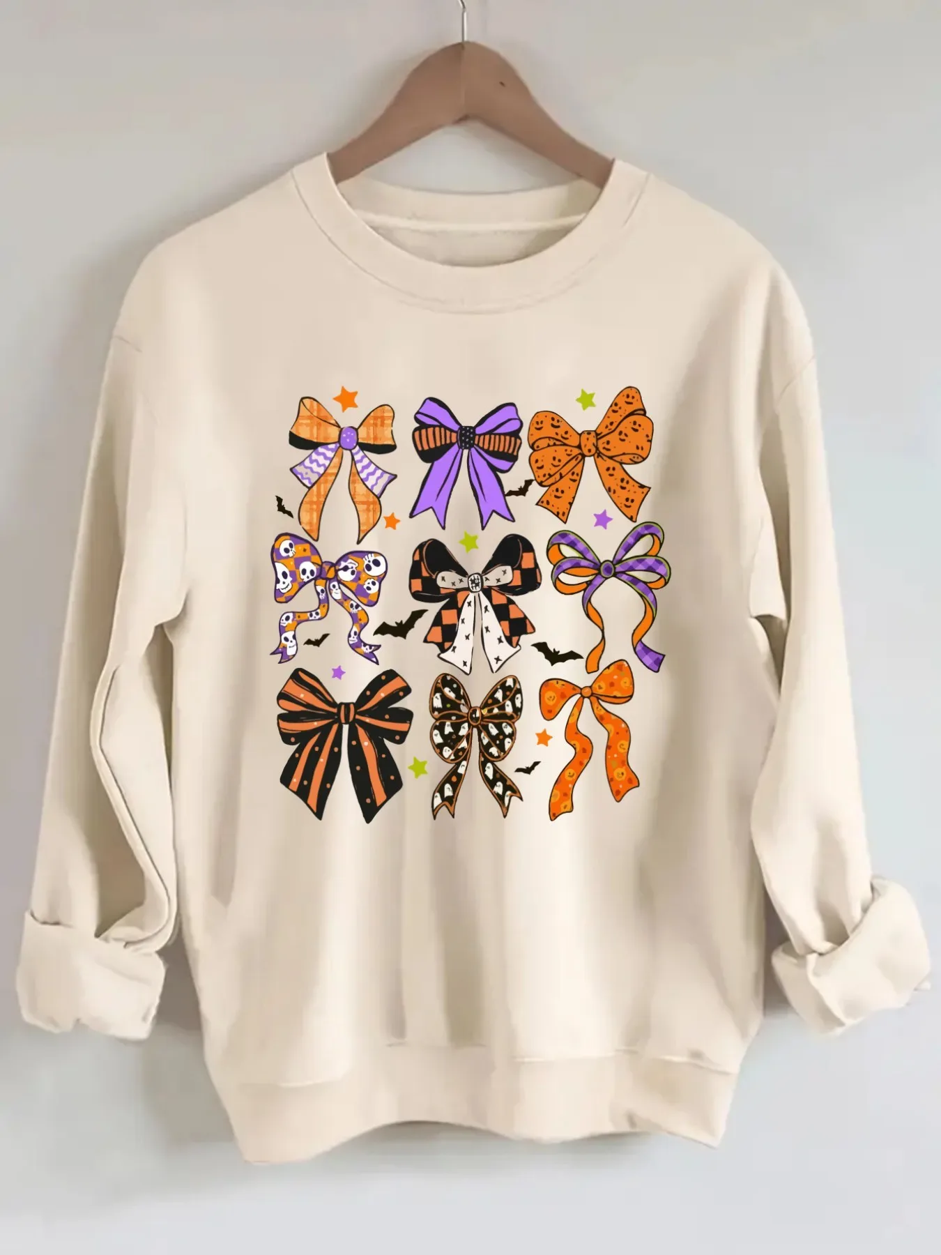 Women's Crew Neck Pullover Sweatshirt Halloween Bow Prints Design, Soft Casual Long Sleeve, Daily Casual Top Outfit, Winter Women's Clothing, Halloween Costume Outfit