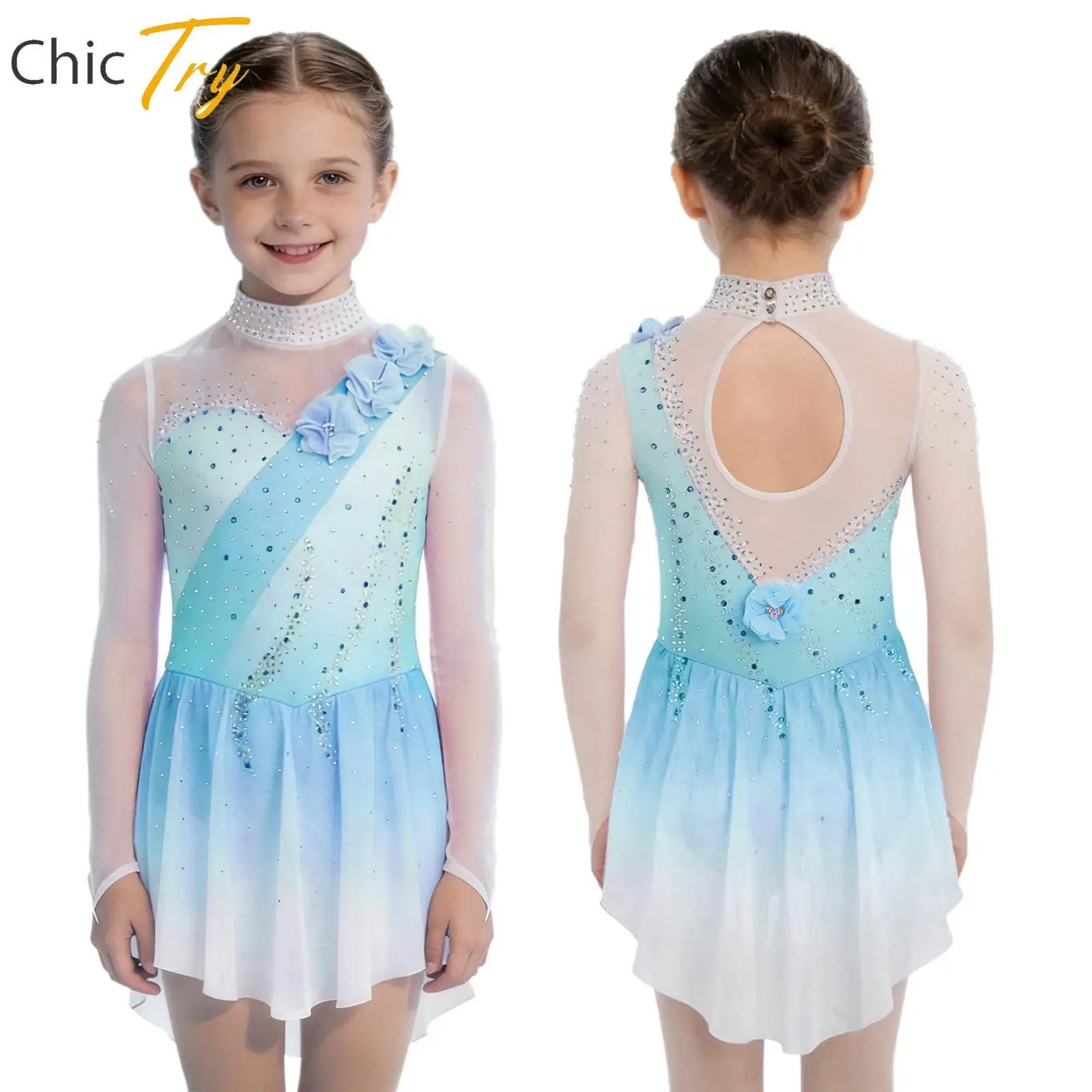 

Girls Ballet Lyrical Modern Dance Dress Figure Ice Skating Performance Costume Long Sleeves 3D Flowers Shiny Rhinestones Dresses
