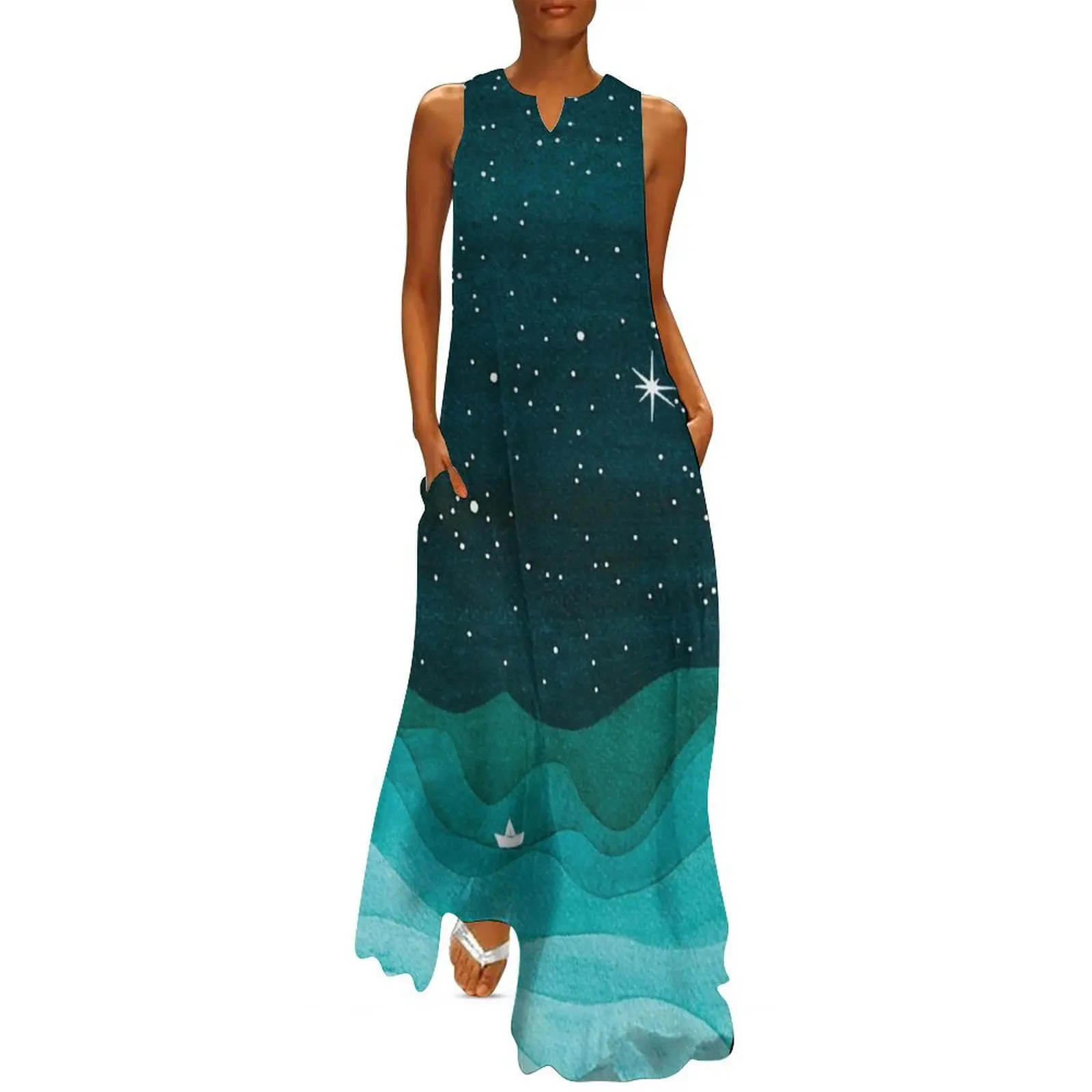 

Starry Ocean, teal sailboat watercolor sea waves night Long Dress summer dresses Woman's evening dress Dress