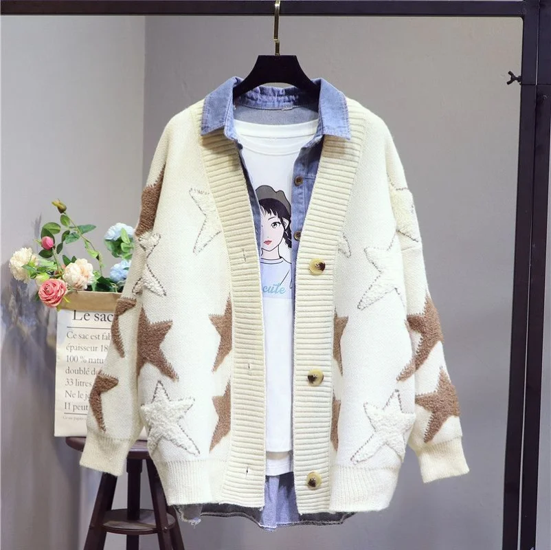 2023 Autumn/Winter New Loose Korean Star Jacquard Color Block Long Sleeve Knitted Cardigan Sweater