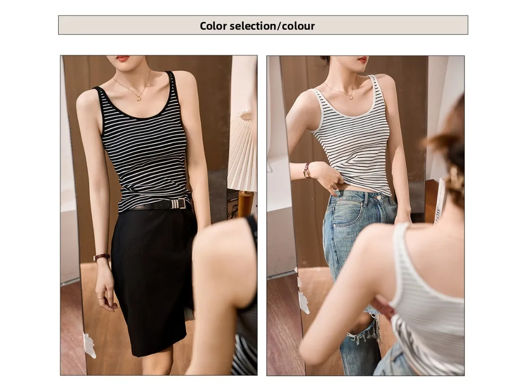 夏用の女性用コットンストライプキャミソールベスト、Uネックスリムフィット、着痩せ効果、アウターのベースとして
