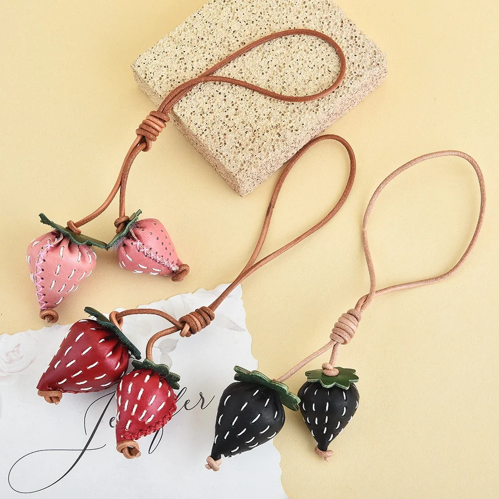 Leather Strawberry Bag Charm Double Strawberry Pendant Long Loop Strap Purse Handbag Styling Accessory Gift for Her Fruit Lovers
