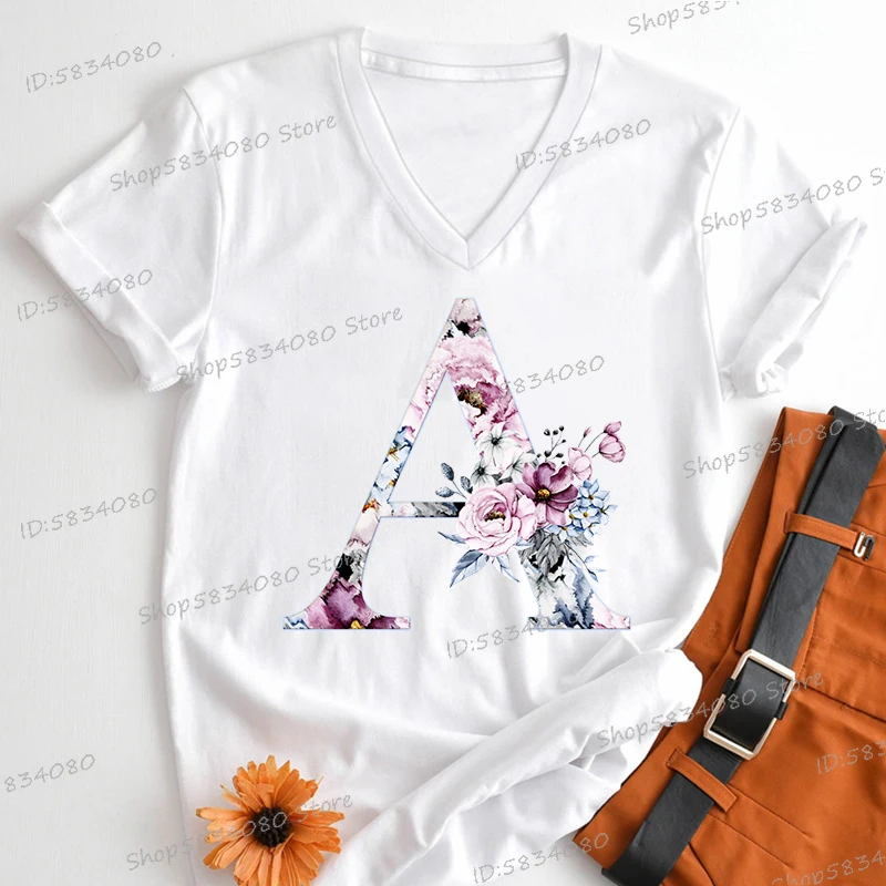 Watercolor Letter C Print Women V-neck T-shirts 26 Initials Flower Retro Classic Tops Alphabet Floral Women's Birthday Gift Tees