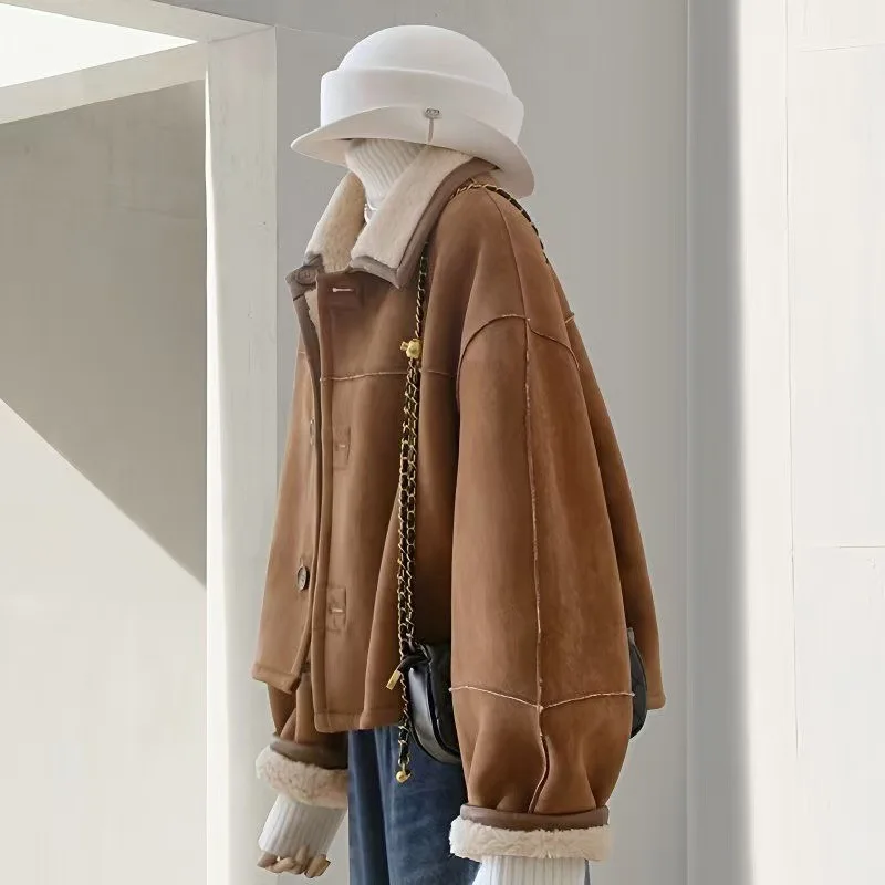 

Wearing A Coffee Colored Suede Jacket on Both Sides Women's Autumn and Winter Style Lamb Wool Trendy Temperament Versatile Top