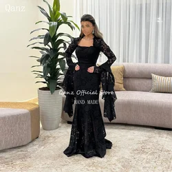 Qanz Dubai Luxury Dresses Women Evening Dresses Black Lace Appliques Long Sleeves Elegant Specila Occasion Dress Customized