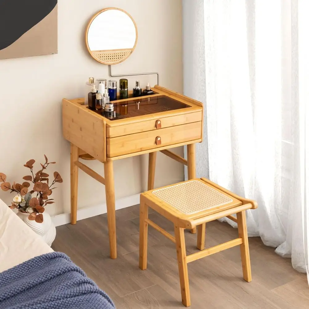 Bamboo Makeup Vanity Table with Stool, Rotating Mirror, Deep Storage, Tempered Glass Top for Small Spaces