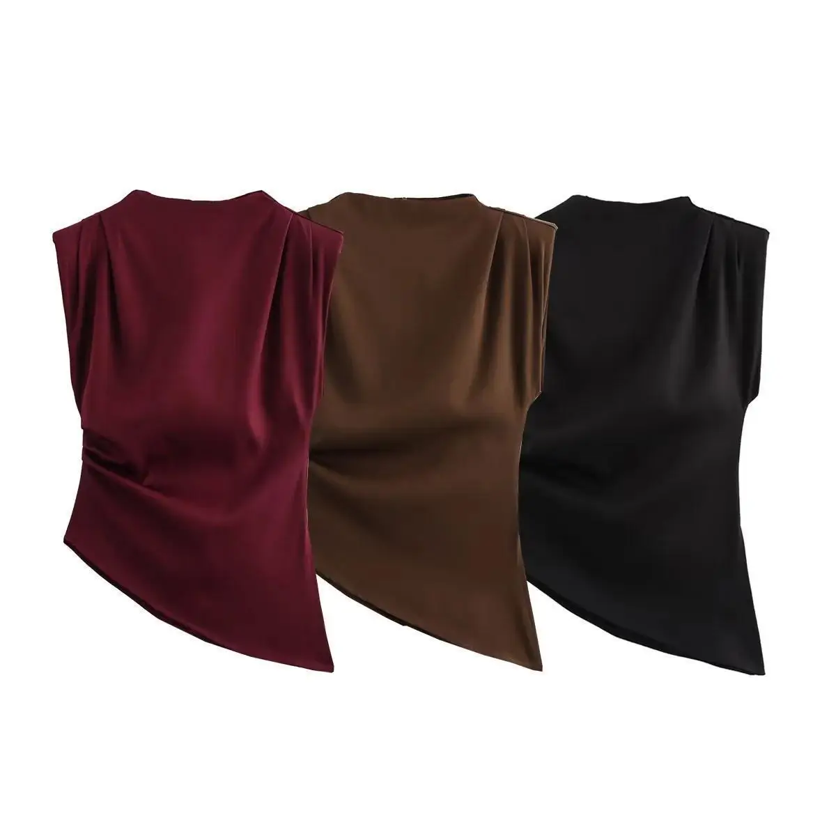 Women’s Fascinating Ruched Sleeveless Blouse with Irregular Hem Solid Color Tops