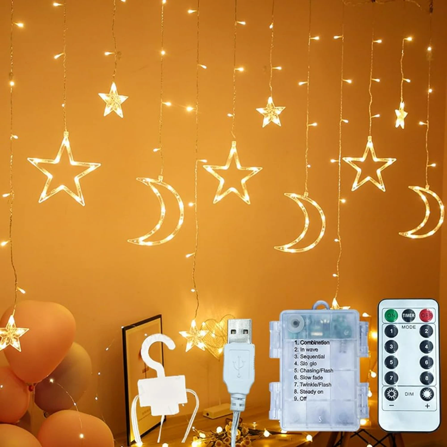 Shop Now for Gorgeous Moon and Stars LED Curtain String Lights with Remote Control - Perfect Night Light for Home and Party Deco
