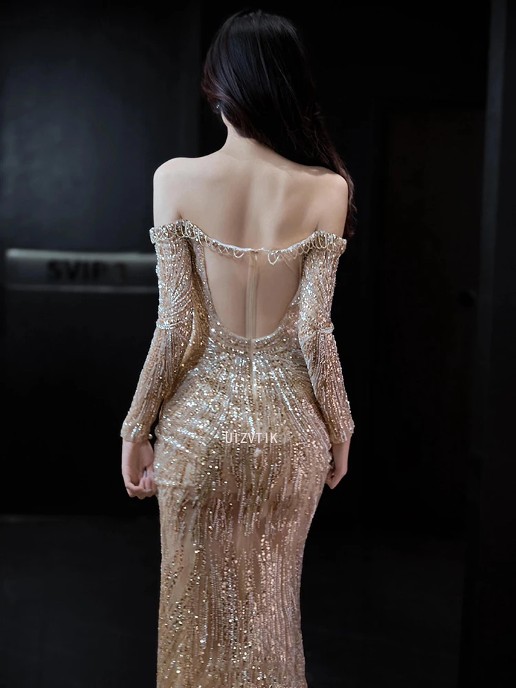 シャンパンパーティーイブニングドレスエレガントな女性の恋人ストラップレスマーメイド長袖セレブ特別な日のウエディングドレス