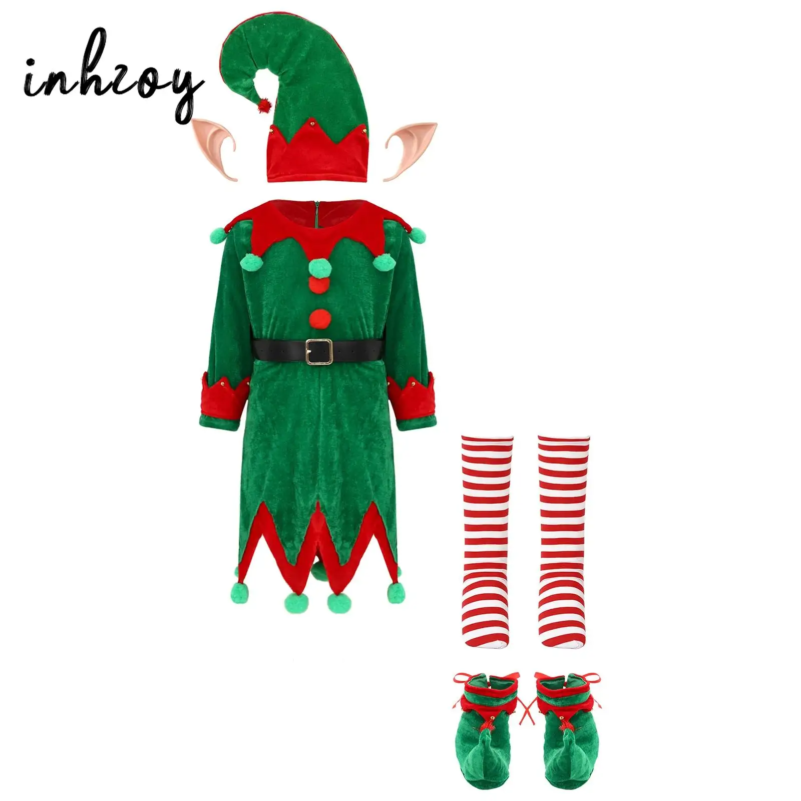 

Детский рождественский костюм эльфа для девочек, новогодний наряд Санта-Клауса, праздничное платье с ушками, шляпа, пояс, обувь и чулки